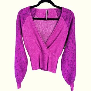 Anthropologie Pink Fuschia Knit Lace Puff Sleeves V-Neck Sweater Size XXS